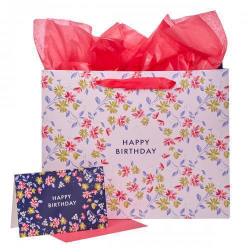 Gift bag, floral design, large; "Happy birthday"