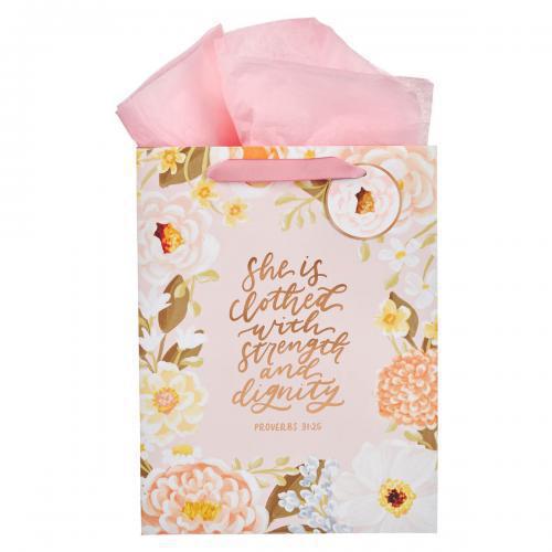 Large Gift Bag - Strength and Dignity Pink Floral, Proverbs 31