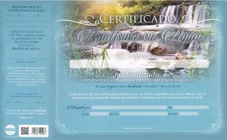 Certificado de Bautismo en Agua, Diseño Cascada Paquete De 20 Unidades