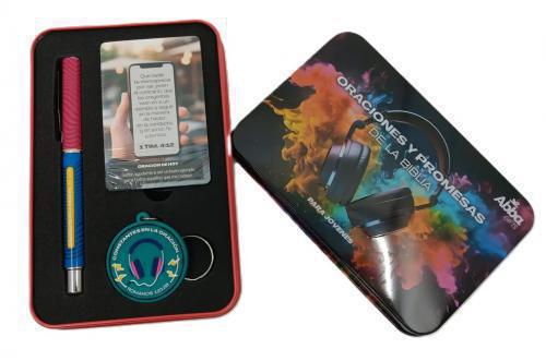 Caja de Metal Oraciones: Incluye Llavero, Bolígrafo y Tarjetas, Diseño Jovenes