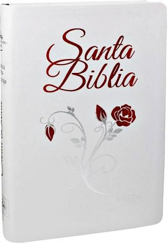 Biblia RVR1960 Imitacion Piel color Blanco con Flor Roja, con Indice, Canto Flor