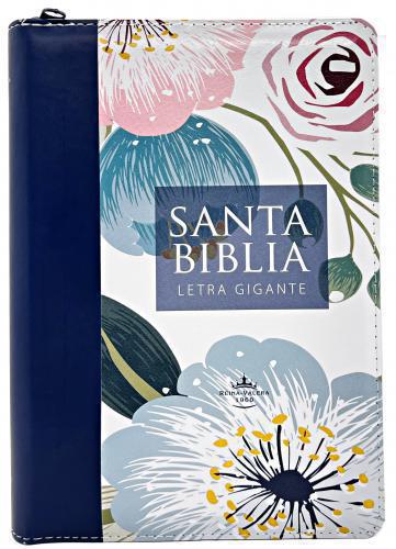 RVR1960 Manual Size Bible, Synthetic Cover, Blue Flowers Design With zipper