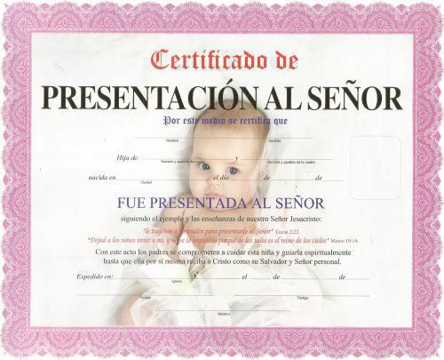 Certificado Presentacion Al Señor Color Rosa Para Niña