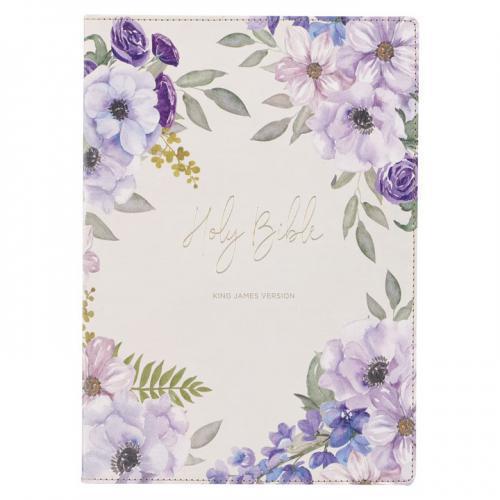 Biblia KJV Imitación Piel, Color Lila Floral, Tamaño Grande Con Indice