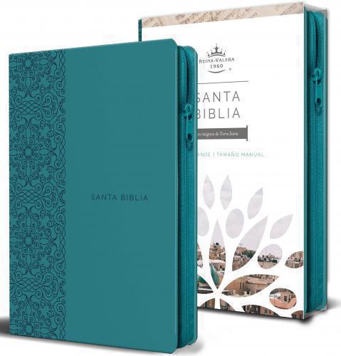 RVR1960 Manual Size Bible, Large Print, Imitation Leather, Aqua Color with Zipper