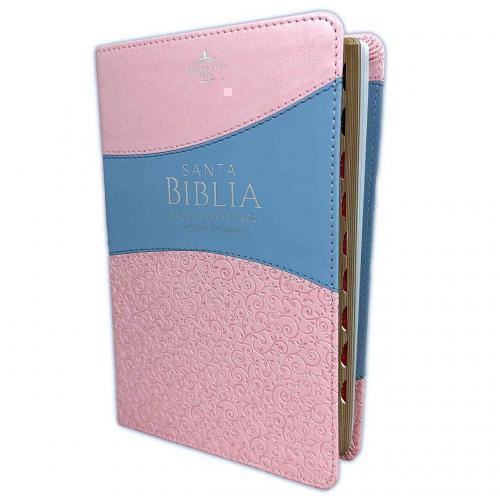 Biblia RVR1960 Tamaño Manual, Letra Grande, Imitación Piel Color Rosa/Aqua