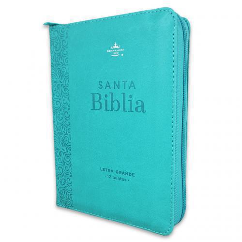 Biblia RVR1960, Imitacion Piel, Tamaño Portatil,Color Aqua Con Cierre e Indice