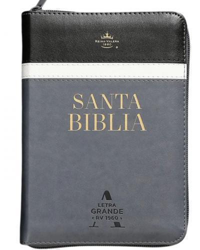 Biblia RVR1960 Tamaño Portatil, Imitación Piel Con Cierre, Tricolor Negro Blanco
