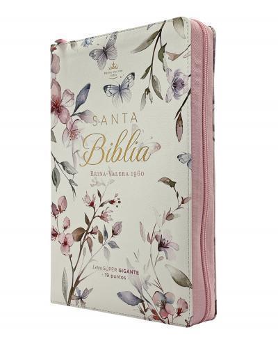 RVR1960 Imitation Leather Bible, Super Giant Print, Zipper and Index, White/Floral
