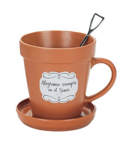 Taza de 14oz en forma de maceta, Colección Sembrador - “Alégrense siempre en el