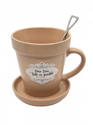 Taza de 14oz en forma de maceta, Colección Sembrador -  “Para Dios todo es posib