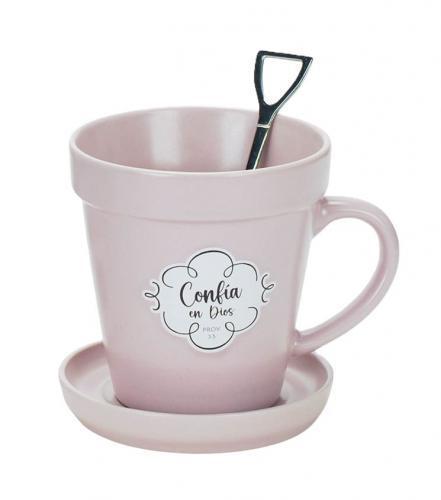 Taza de 14oz en forma de maceta, Colección Sembrador - “Confía en Dios”