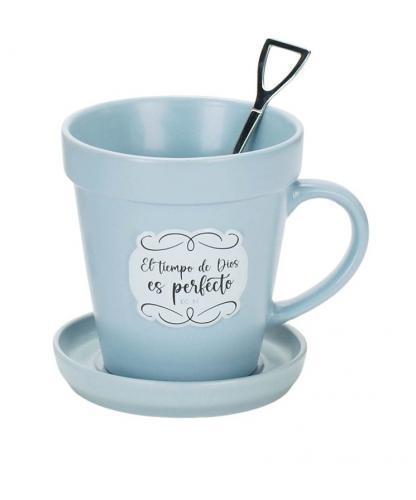 Taza de 14oz en forma de maceta, Colección Sembrador - “El tiempo de Dios es per