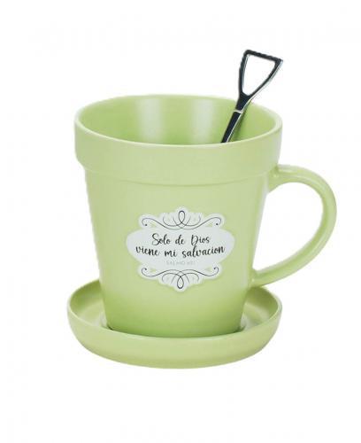 Taza de 14oz en forma de maceta, Colección Sembrador - “Solo de Dios viene mi sa