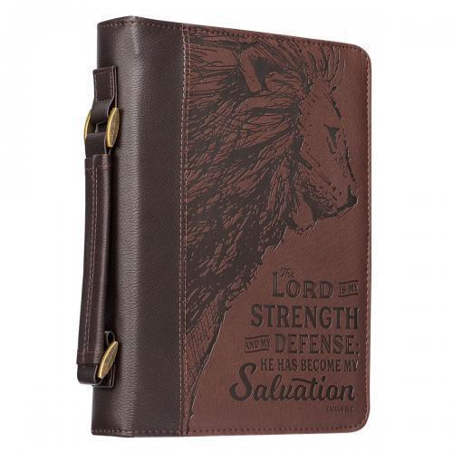 Forro para biblia " The Lord is my Strength" tamaño mediano, color cafe, versicu