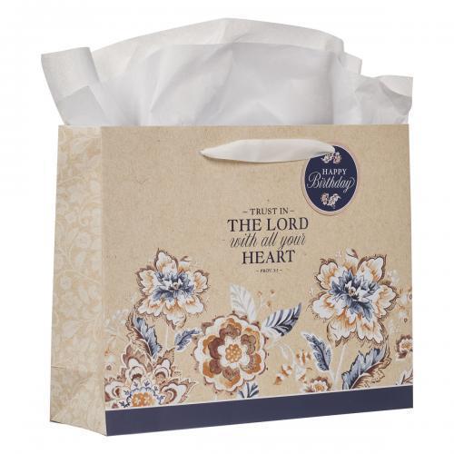 Bolsa Para Regalo, Tamaño Grande; Happy Birthday Beige Flores