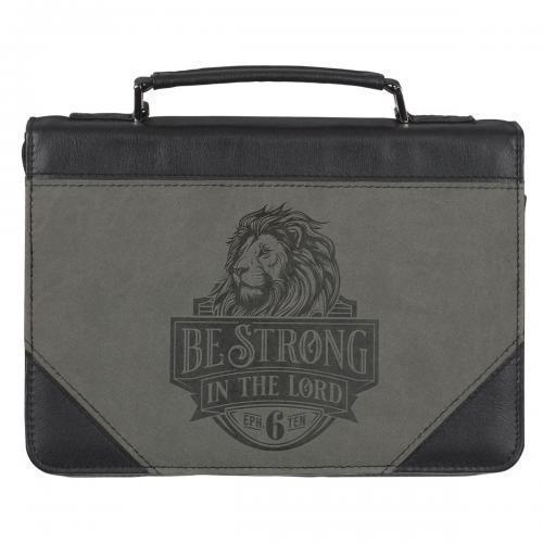 Forro Para Biblia, Tamaño Extra Grande - Be Strong in the Lord Negro y Gris