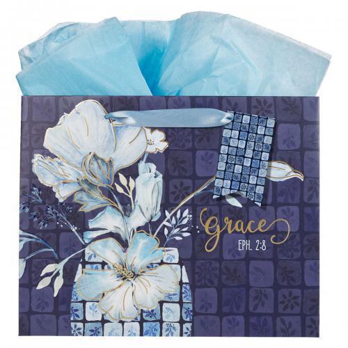 Bolsa Para Regalo Tamaño Grande - Grace Blue Floral Tile