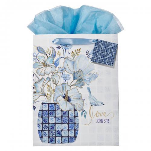 Bolsa Para Regalo, Tamaño Grande - Love Blue Mosaic Tile, John 3:16