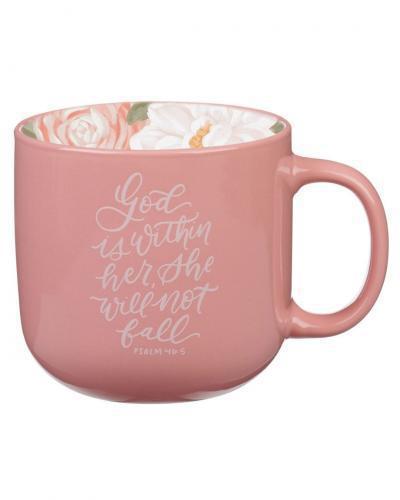 Ceramic Mug - God Is Within Her Rose Pink Floral