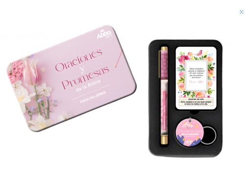 Caja de Metal Oraciones: Incluye Llavero, Bolígrafo y Tarjetas, Diseño Mujer