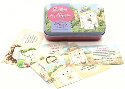 Tarjetas con dedicatoria: Gotitas de alegria, caja metalica