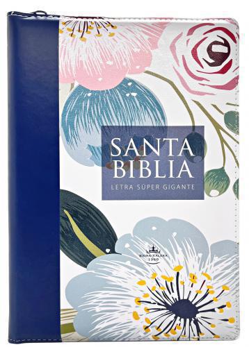 Biblia RVR1960 Tamaño Gigante, Cubierta Sintetica, Diseño Azul Flores Con cierre
