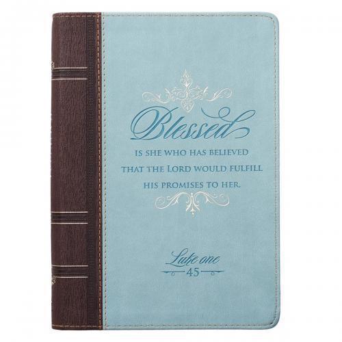 Diario Imitación Piel - Blessed Luke 1:45, Color Aqua y Café, Con Cierre
