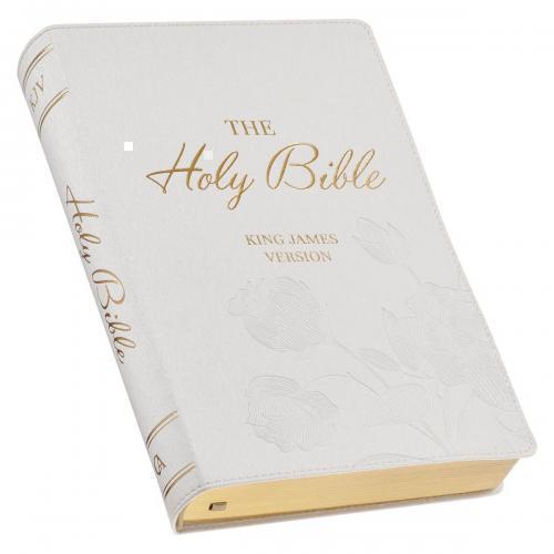 Biblia KVJ, Tamaño Super Gigante, Imitación Piel, Color Blanco, Diseño Floral