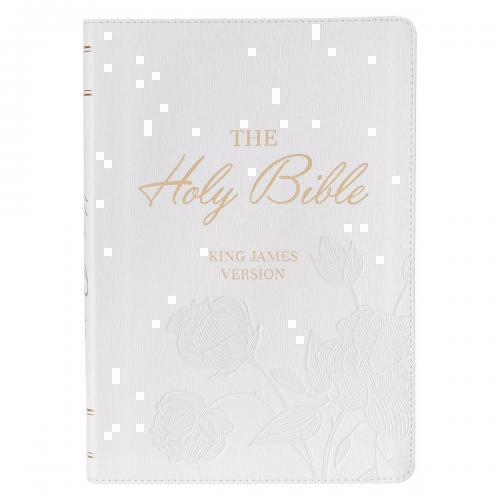 Biblia KVJ, Tamaño Super Gigante, Imitación Piel, Color Blanco, Diseño Floral