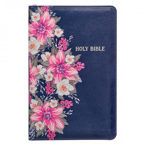 KJV Bible, Handy Size, Imitation Leather, Blue/Floral, Zipped