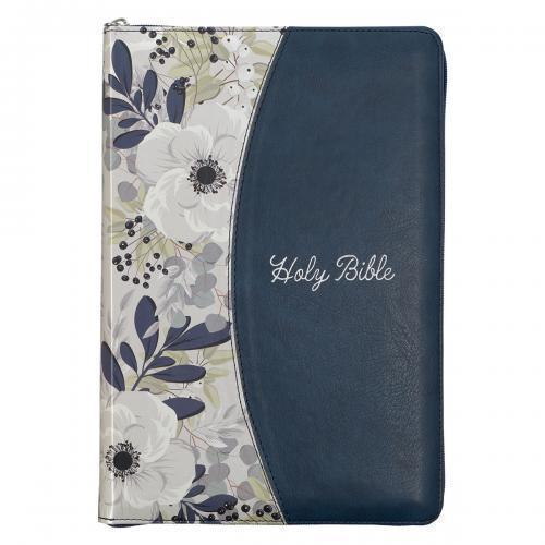 Biblia KJV Tamaño Grande, Sentipiel Color Azul Diseño Floral, Cierre e Indice
