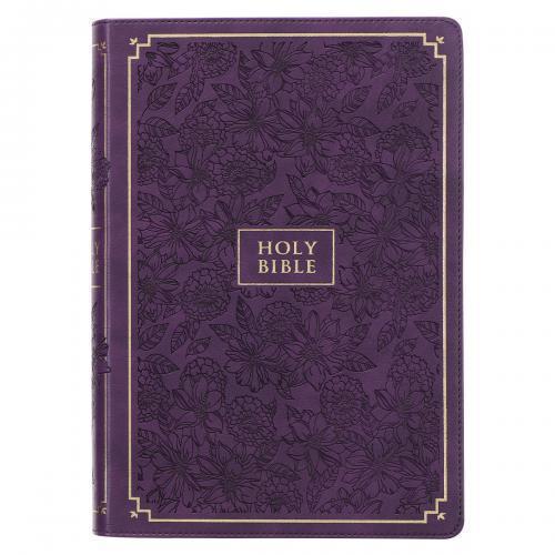 Biblia KJV Imitación Piel, Color Morado, Tamaño Grande con Indice, Diseño Floral