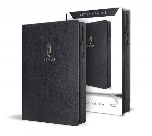 Catholic Bible: Large print edition. Black faux leather, with zipper, with Virgin Mary image