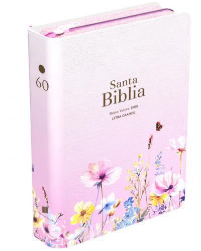 Biblia Reina Valera 1960 Compacta, Rosa Flores, Letra Grande Con Cierre E Indice