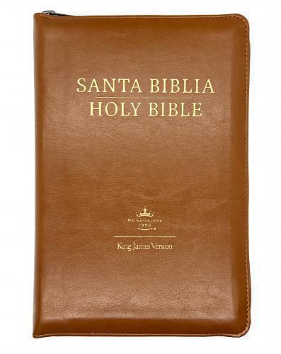 Biblia RVR60 KJV Bilingüe Imitación Piel, Color Cafe Caramelo, Cierre e Indice