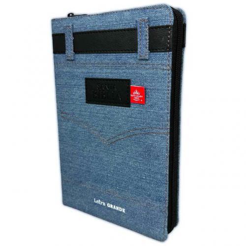 Biblia RVR1960 Tamaño Manual, Cubierta Denim, Detalle color negro, Con Cierre