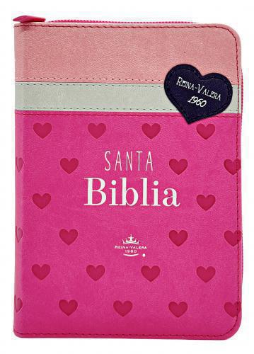 Biblia RVR1960 Imitación Piel, Tamaño Bolsillo con Cierre, Color Rosa Corazones