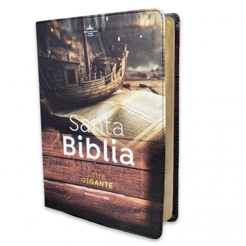 Biblia RVR1960, Imitación Piel, Tamaño Gigante, Diseño Barco sobre Libro