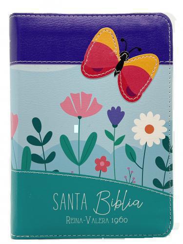 Biblia RVR1960 Imitación Piel, Tamaño Bolsillo con Cierre, Color Lila/Azul/Turqu