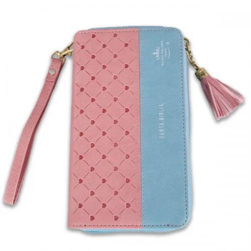 Biblia RVR1960 Tamaño Chequera, Imitación Piel con Cierre, Color Azul/Rosa