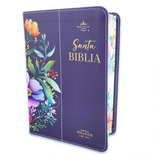 Biblia RVR1960, Imitación Piel, Tamaño Portatil Flores Lila