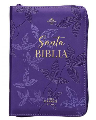 Biblia RVR1960 Tamaño Portatil, Imitación Piel Con cierre, Lila Con Hojas Primav