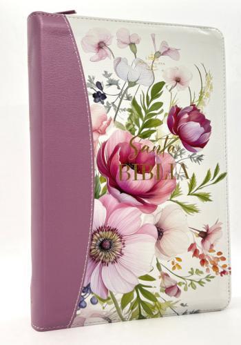 Biblia RVR1960, Tamaño Manual, Imitación Piel, Diseño Floral Lila Con Cierre