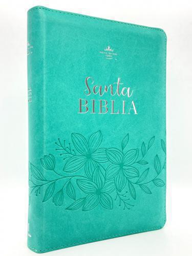 RVR1960 Bible, Manual Size, Imitation Leather, Turquoise with Floral Design