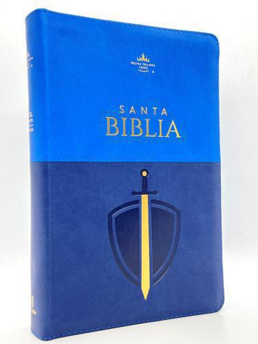 RVR1960 Bible, Manual Size, Imitation Leather, Blue Two-Tone Sword Design