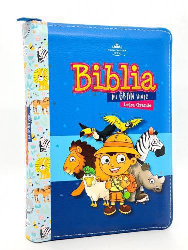 Biblia RVR1960 Mi Gran Viaje Imitación Piel, Color Azul Con Cierre, Letra Grande