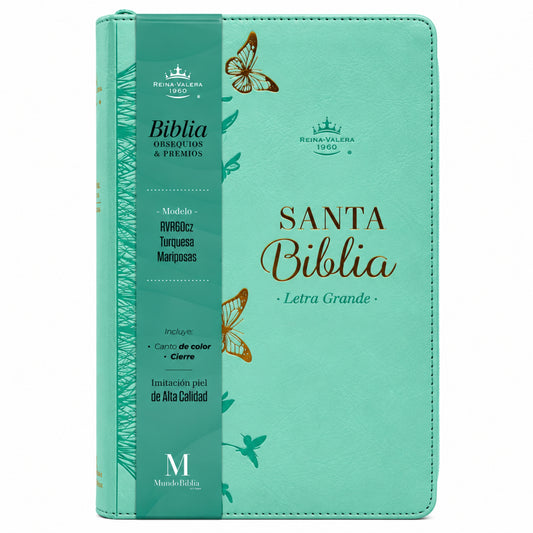 Biblia Reina Valera 1960 Tamaño Manual Con Cierre - Turquesa Mariposas