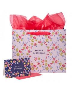 Bolsa para regalo, diseño floral, grande; "Happy birthday"