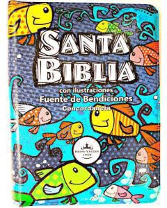 Biblia RVR1960 Fuente de Bendiciones con Ilustraciones, Imitacion Piel Diseño de Peces, Tamaño Compacta con Cierre e Indice